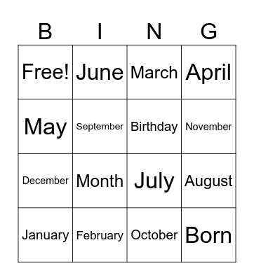 Months Bingo Card