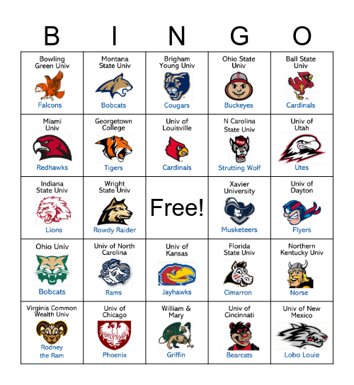 ILW College Mascot Bingo Card