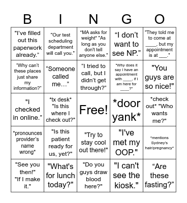 Front Desk BINGO Card