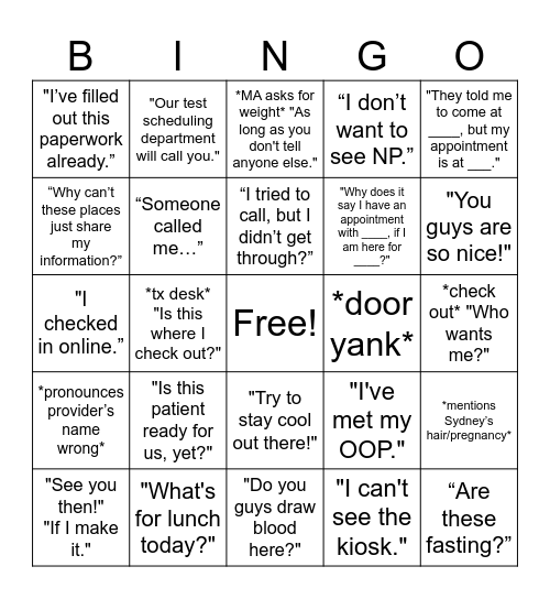 Front Desk BINGO Card