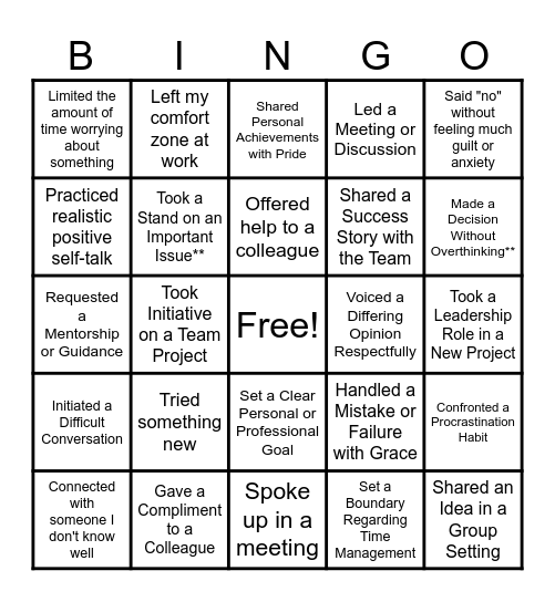 Confidence Bingo Card