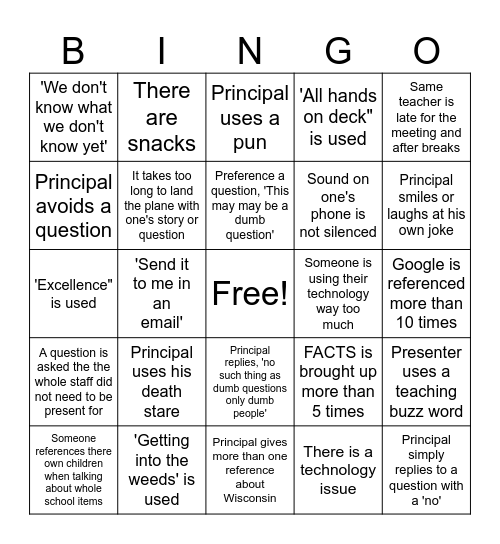 Back to School Meeting Bingo Card