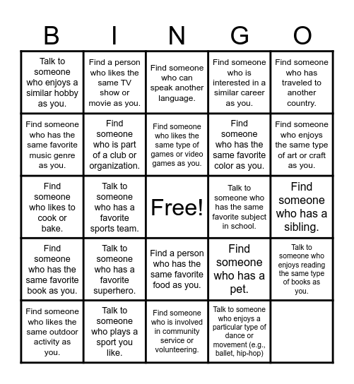 Friendship Making Bingo Card