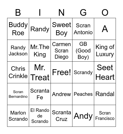 The Many Names of Andy Bingo Card