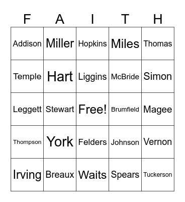 FAITH Family Bingo Card