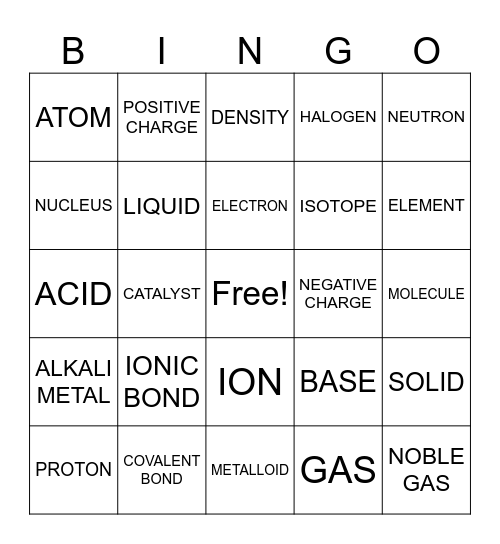 CHEMISTRY BINGO Card