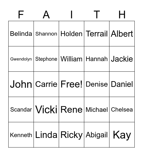 FAITH Family Bingo Card