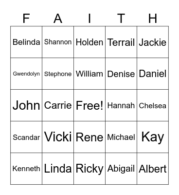 FAITH Family Bingo Card