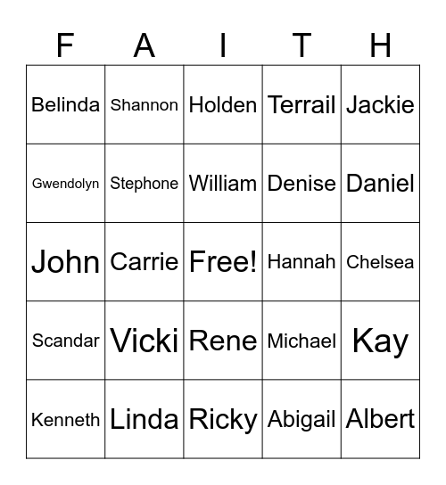 FAITH Family Bingo Card