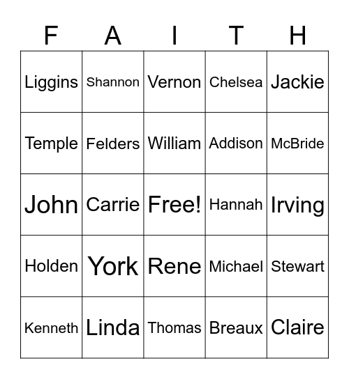 FAITH Family Bingo Card