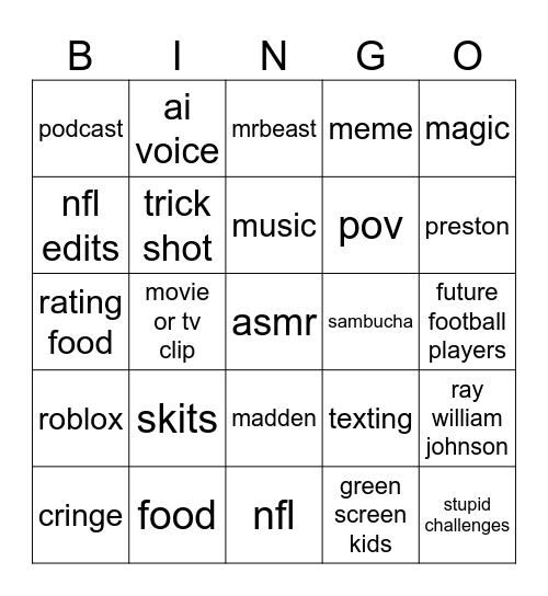 youtube shorts bingo Card