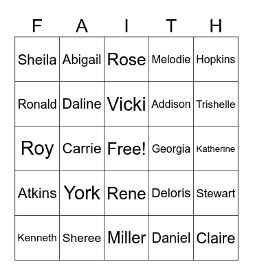FAITH Family Bingo Card