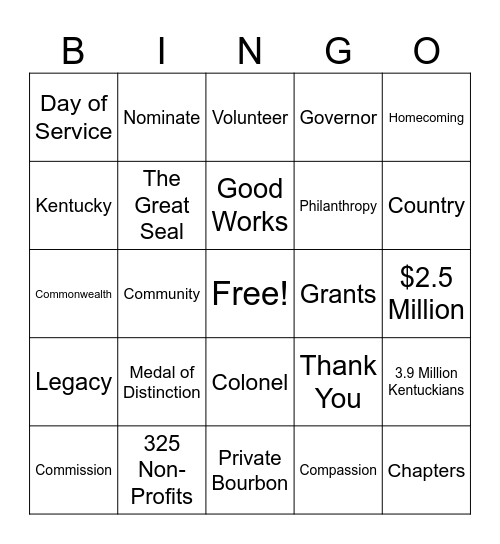 Kentucky Colonels Bingo Card