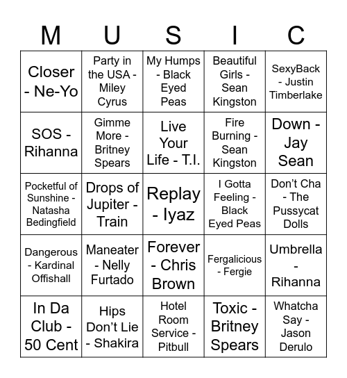 2000's Nostalgia Bingo Card