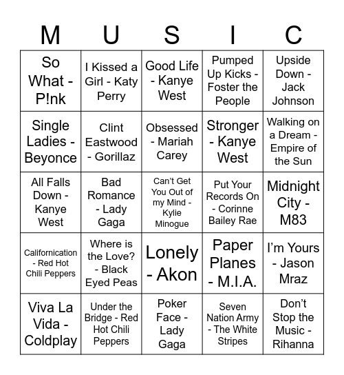 2000's Nostalgia Bingo Card