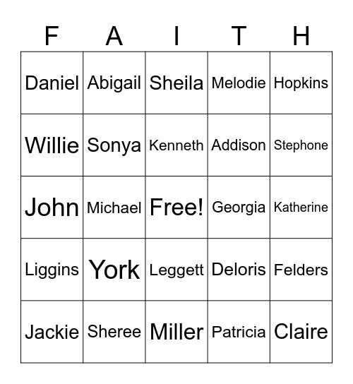 FAITH Family Bingo Card