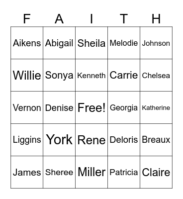 FAITH Family Bingo Card
