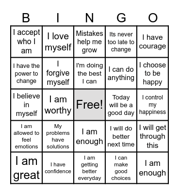 Positive Self-Talk Bingo Card