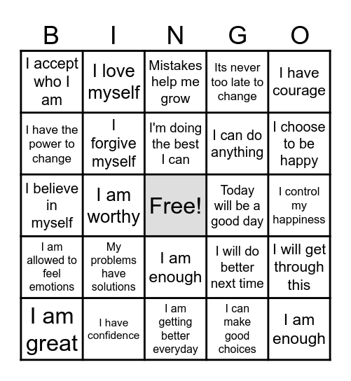 Positive Self-Talk Bingo Card