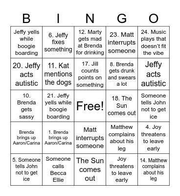 Slutty Beach Bingo Card