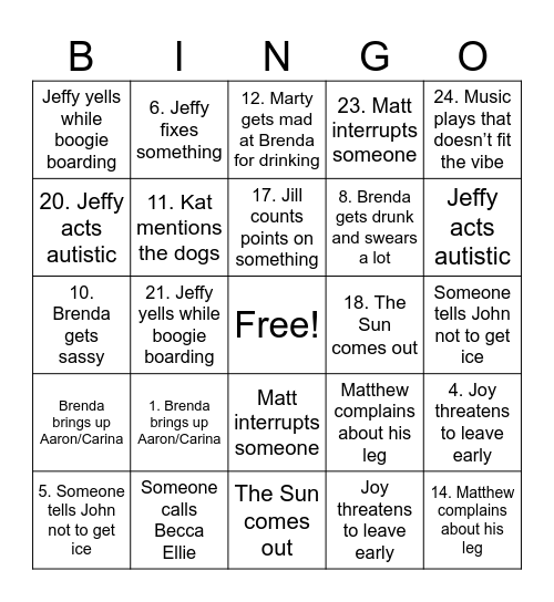 Slutty Beach Bingo Card