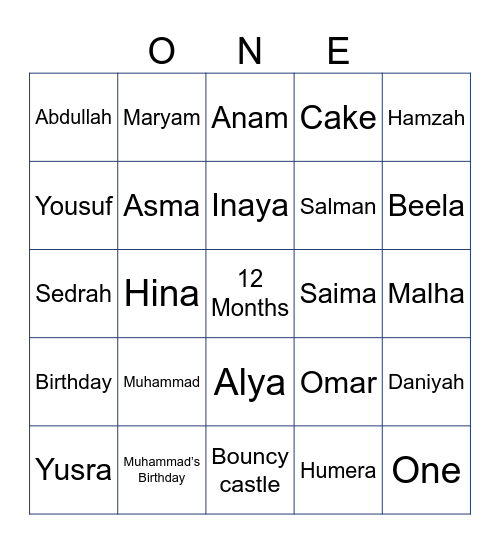 Muhammad’s First Birthday Bingo Card