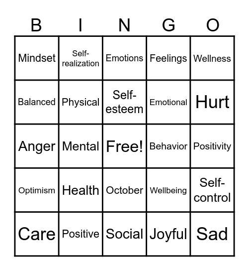 Emotional Wellness Month Bingo Card