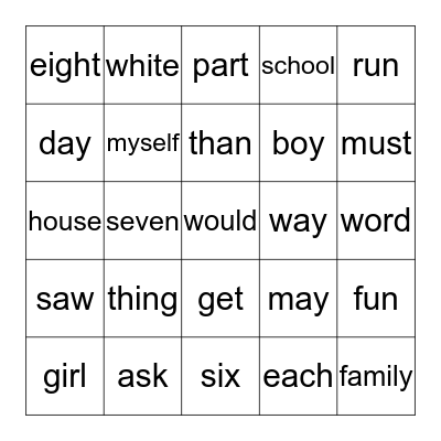 UNIT 5 WORD BINGO Card