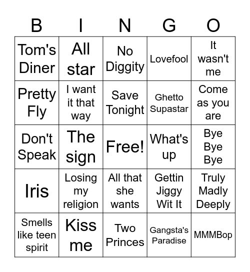 Best of the 90s Bingo Card