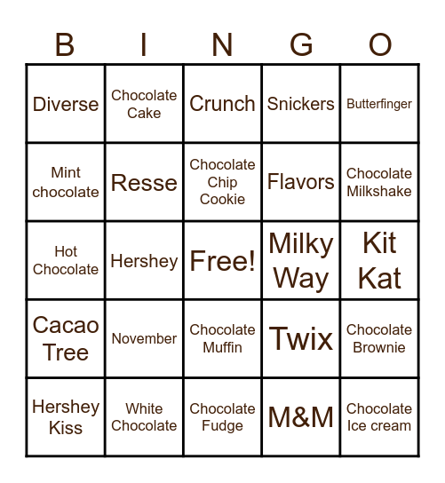 National Chocolate Day Bingo Card