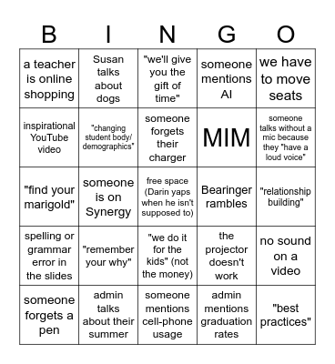 August 2024 Faculty Meeting Bingo Card