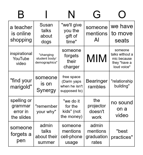 August 2024 Faculty Meeting Bingo Card