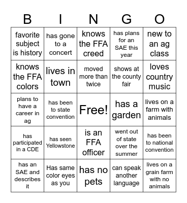 First Day of Class Bingo Card