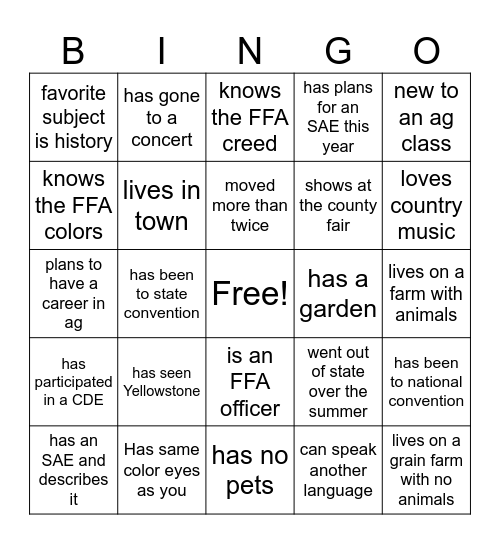 First Day of Class Bingo Card