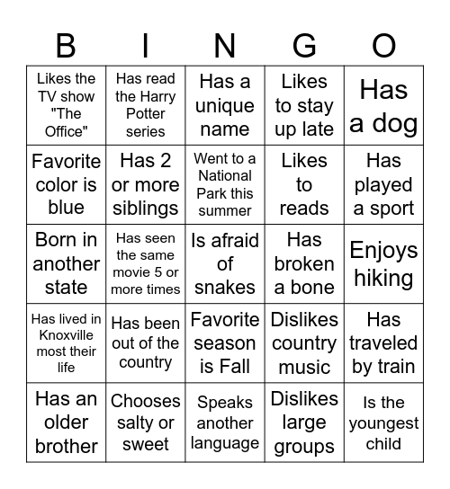 Find Someone Who Bingo Card