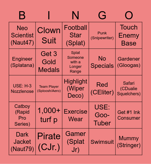 Splatoon 3 Bingo Card