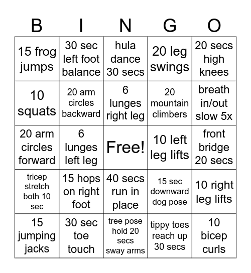 fitness fun Bingo Card