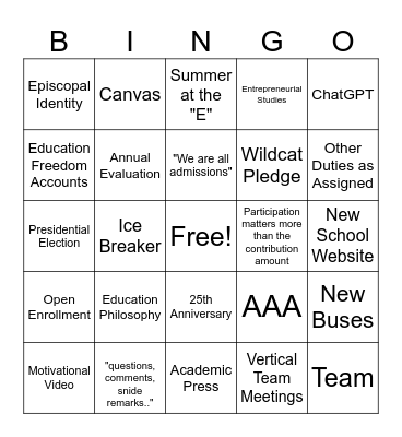 Faculty Meeting Bingo Card