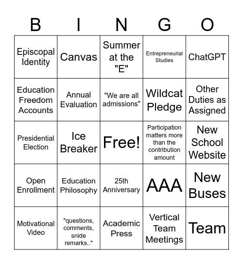 Faculty Meeting Bingo Card