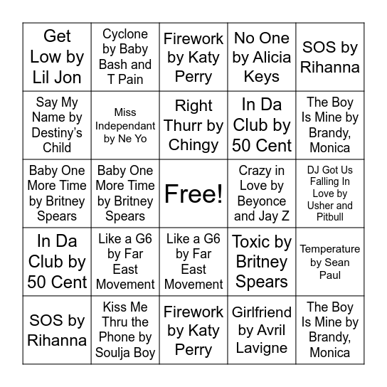 2000s Music Bingo Card