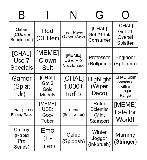 Splatoon 3 Bingo 1 Bingo Card