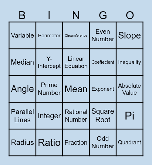 Algebra Fun Bingo Card