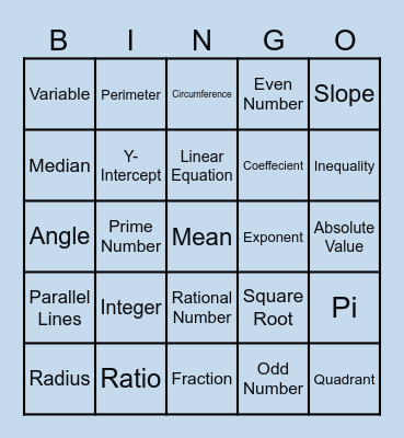 Algebra Fun Bingo Card