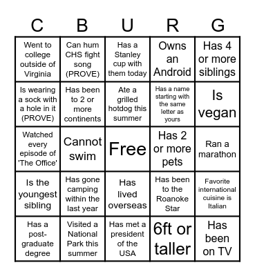 Welcome Back! Bingo Card