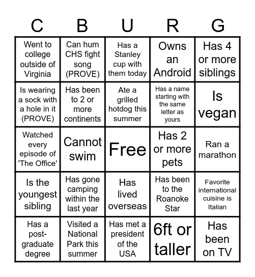 Welcome Back! Bingo Card