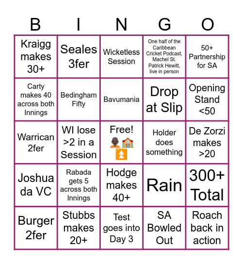 WI vs SA QPO Test Bingo Card