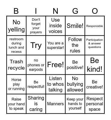 Classroom Expectations Bingo Card