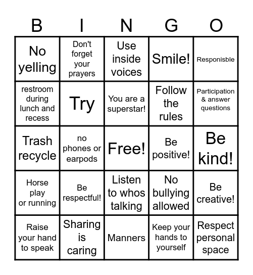 Classroom Expectations Bingo Card