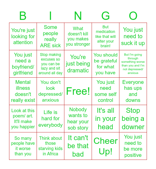 Mental Health Stigma Bingo Card