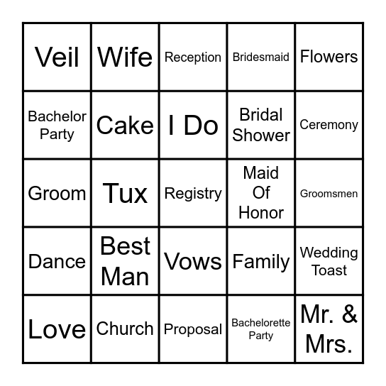 WEDDING SHOWER BINGO Card